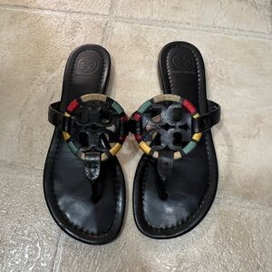 Tory Burch Black Leather Miller Sandal Red, Yellow, Gold and Green Detail 6